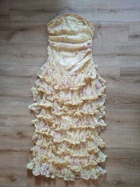 Chiffon Ditsy Floral Print Tiered Frill Frilly Maxi Dress Strapless 8 Pastel